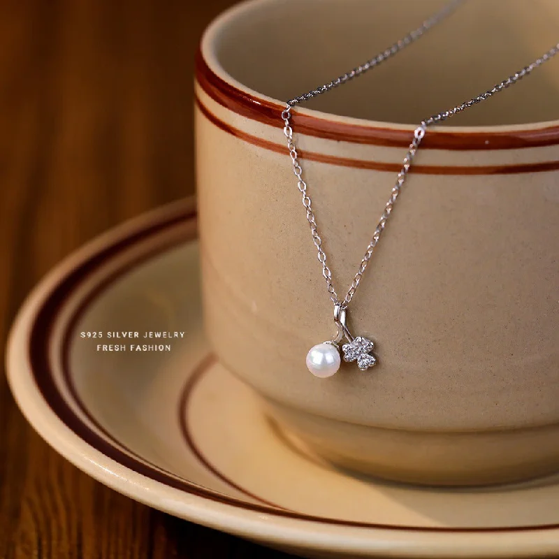 Women’s silver necklace-Sterling Silver Rose Gold Plated White Gold Plated Simple Style Classic Style Plating Inlay Solid Color Artificial Pearls Pendant Necklace