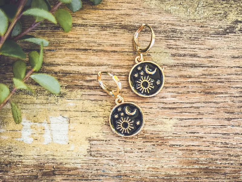 Women's birthday gift earrings-Beautiful Gold and Black Sun/Moon Earrings