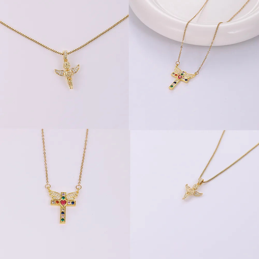 Women’s gold necklace-Stainless Steel Copper 18K Gold Plated IG Style Simple Style Plating Inlay Cross Heart Shape Wings Zircon Pendant Necklace