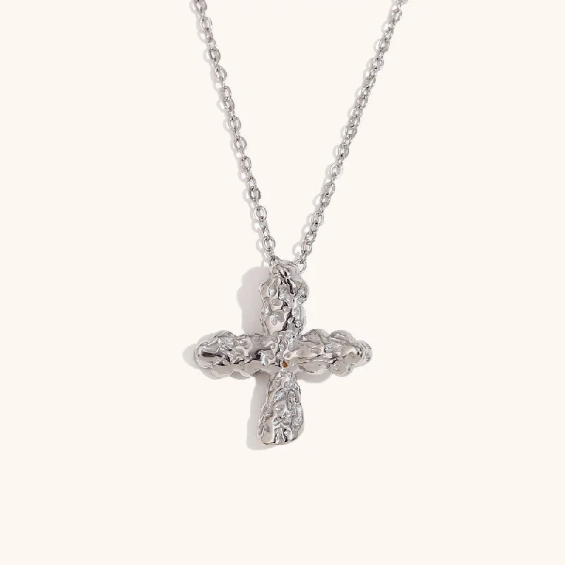 Cast Beat Pattern Classic Cross Pendant Necklace-Steel Color