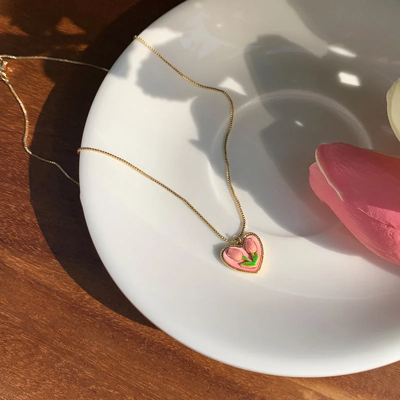 Gold-Pink Heart Tulip Necklace