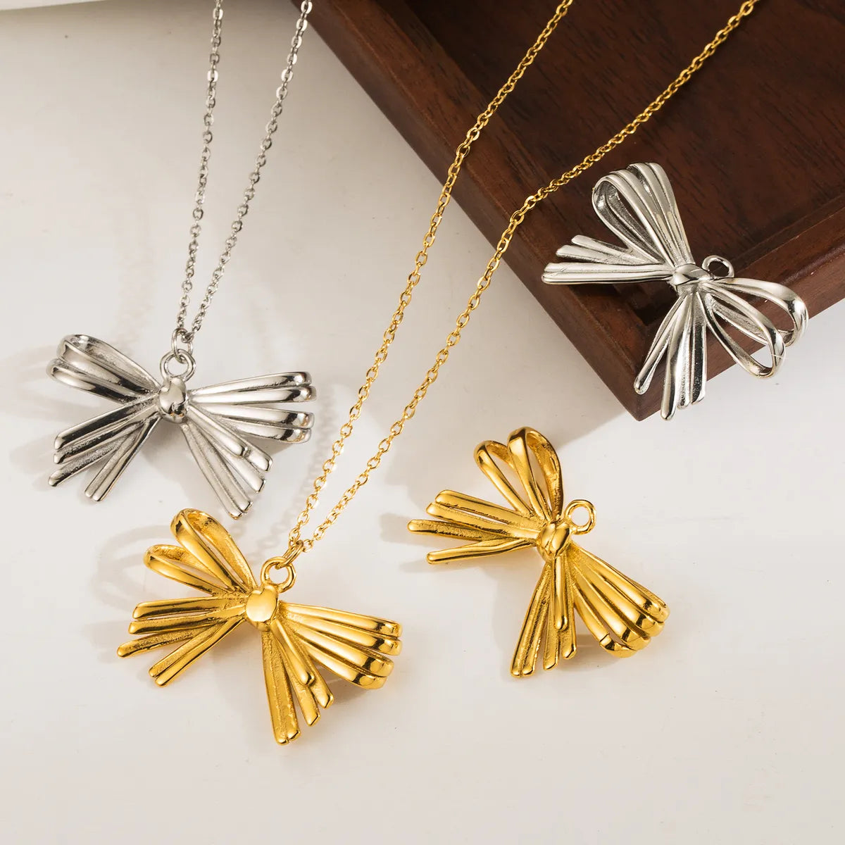 Women’s charm necklace-Stainless Steel 14K Gold Plated Romantic Sweet Bow Knot Pendant Necklace Necklace Pendant