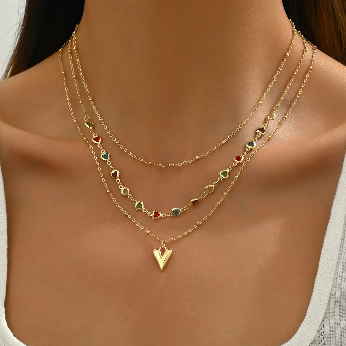 Women’s vintage necklace-Copper 18K Gold Plated Inlay Heart Shape Glass Three Layer Necklace