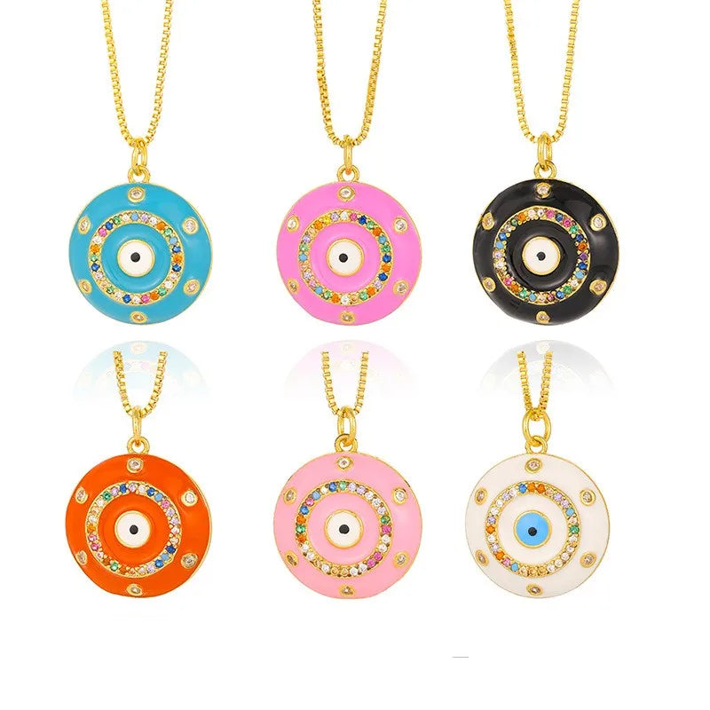 Women’s custom-designed necklace-Copper 18K Gold Plated Retro Enamel Inlay Devil'S Eye Zircon Pendant Necklace