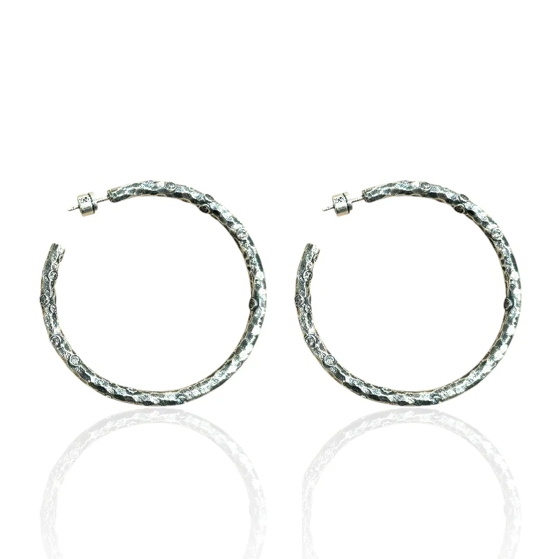 Women's edgy earrings-VINTAGE SILVER PAVIA HOOP 2"