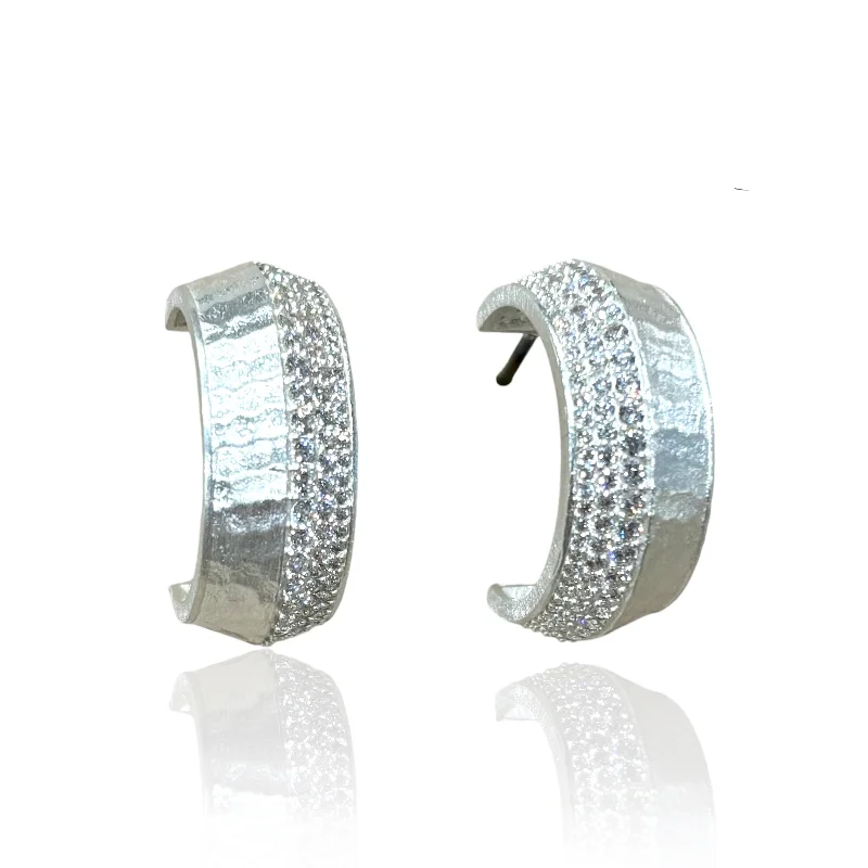 Women's abstract earrings-BRUSHED SILVER PAVE NOMA HOOPS