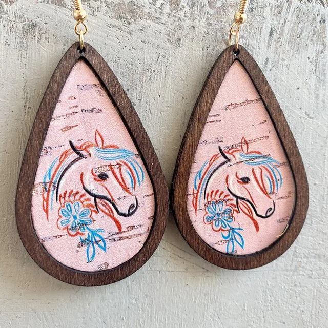 Women's hoop earrings-Beautiful Pink Pony Wood and Cork Earrings