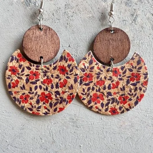 Women's statement earrings-Beautiful Purple and Red Cork and Wood Floral Earrings