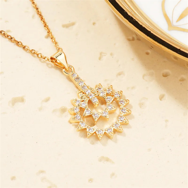 Women’s trendy pendant necklace-304 Stainless Steel Copper K Gold Plated Casual Classic Style Three-Dimensional Inlay Sun Zircon Pendant Necklace