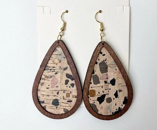 Women's colorful gemstone earrings-Beautiful Speckle Cork and Wood Drop Earrings