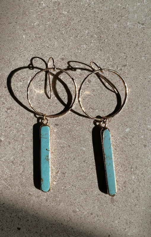 Women's handcrafted earrings-Mini Turquoise Bar Hoops