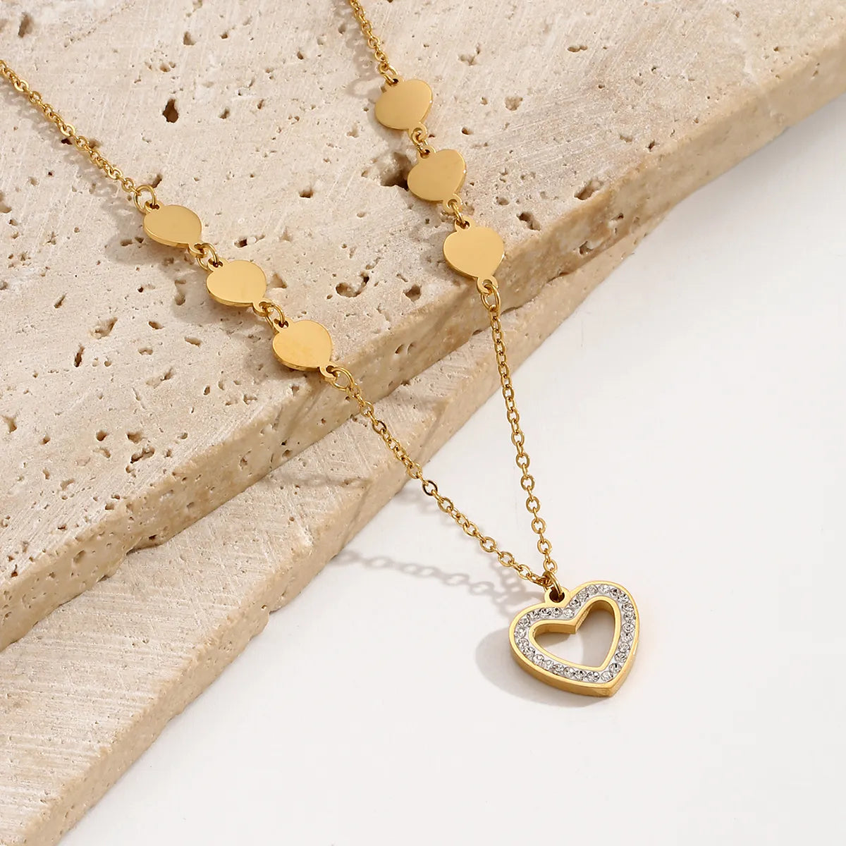 Women’s pearl pendant necklace-Elegant Simple Style Heart Shape Stainless Steel Plating Inlay Rhinestones 14k Gold Plated Necklace