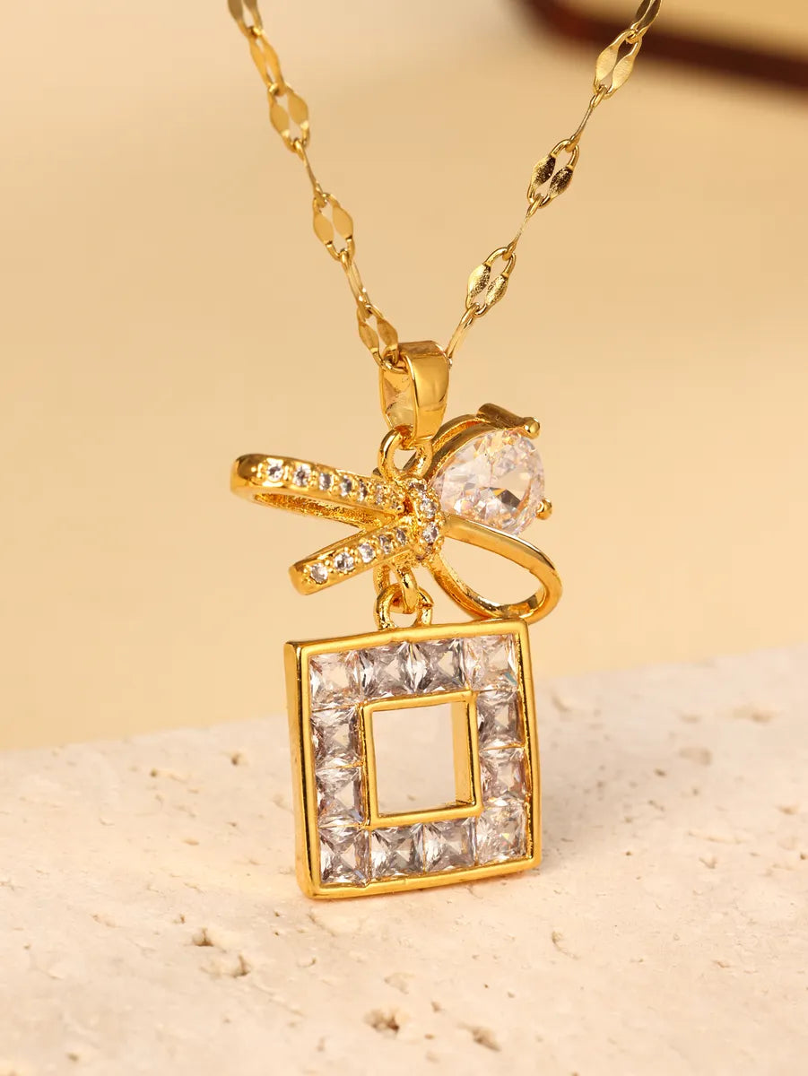 Women’s unique necklace designs-Stainless Steel 18K Gold Plated Elegant Bow Knot Rectangle Hollow Out Inlay Zircon Pendant Necklace