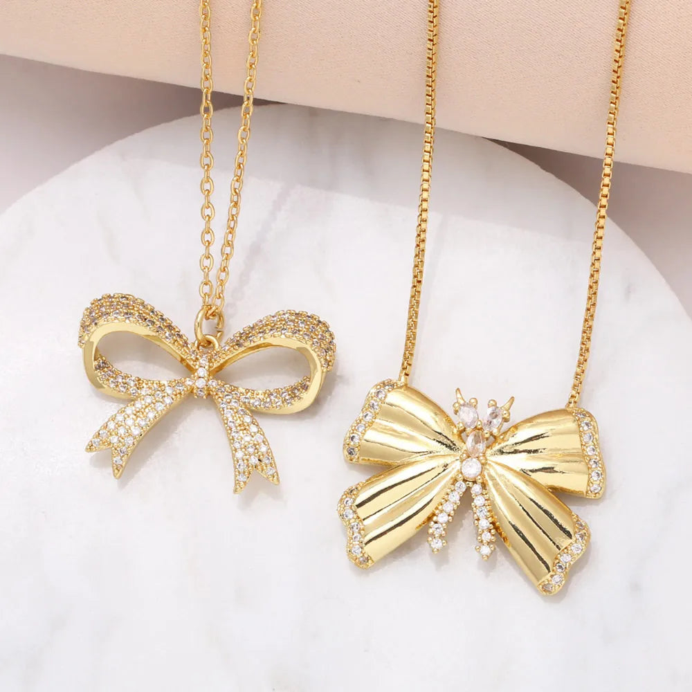 Women’s necklace styling-201 Stainless Steel Copper 18K Gold Plated Modern Style Simple Style Plating Inlay Bow Knot Zircon Pendant Necklace