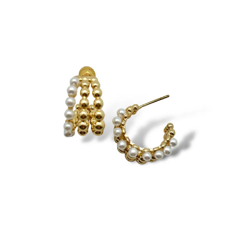 Women's classic gold earrings-Huggie Pearl Ball Hoops