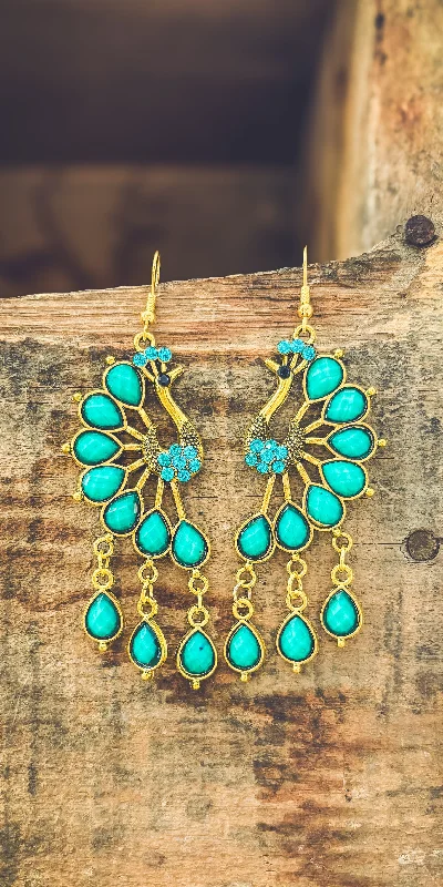 Women's pearl earrings-Beautiful Turquoise Peacock Earrings