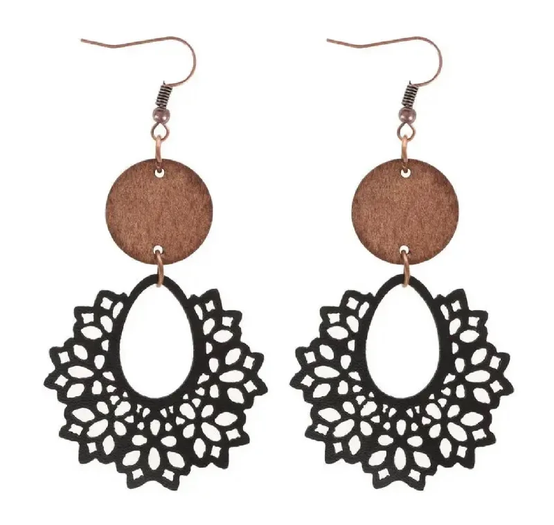 Women's classy earrings-Beautiful Black Leather and Wood Earrings