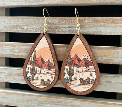 Women's casual earrings-Beautiful Retro Cactus Wood Drop Earrings