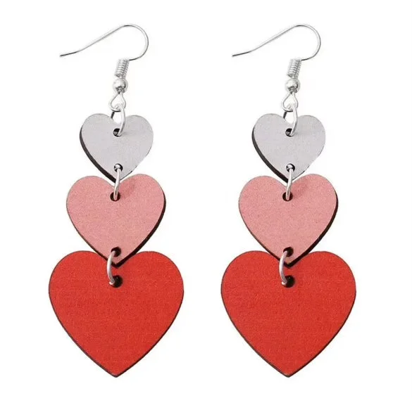 Women's geometric earrings-Beautiful Red, White, and Pink Wooden Heart Drop Earrings