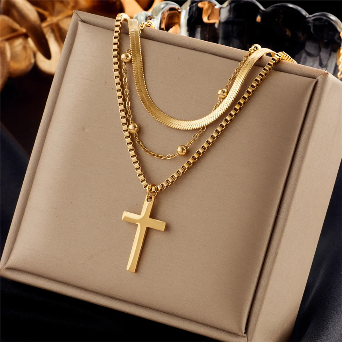 Women’s symbol necklace-Vintage Style Cross Titanium Steel Gold Plated Layered Necklaces 1 Piece