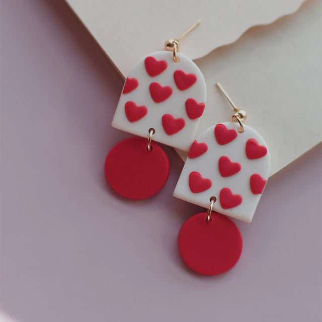 Women's statement earrings-Beautiful Red and White Clay Heart Earrings