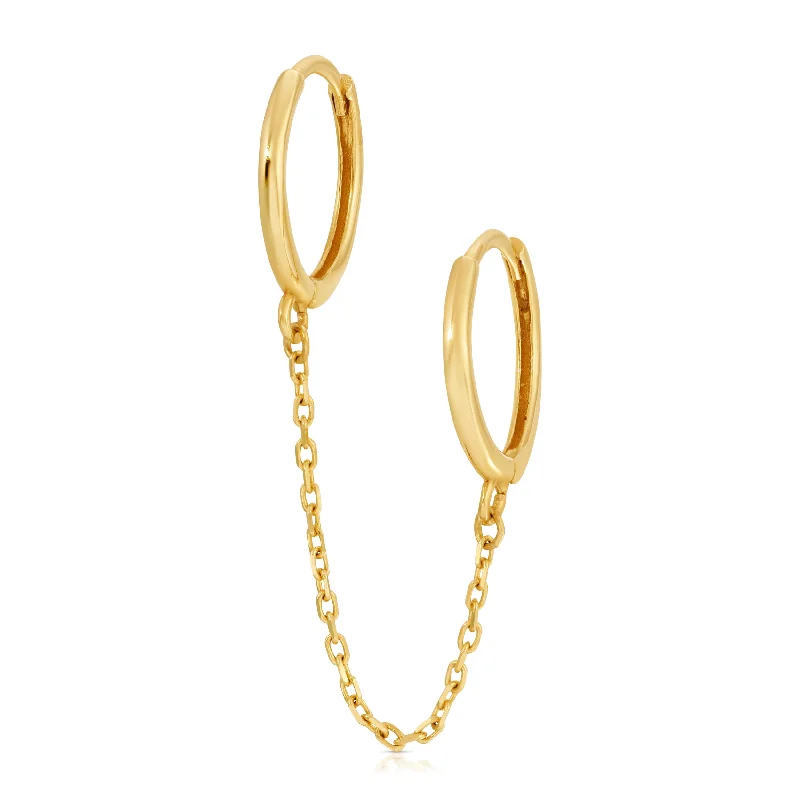 Women's gold hoop earrings-Double Huggie Earring with Chain