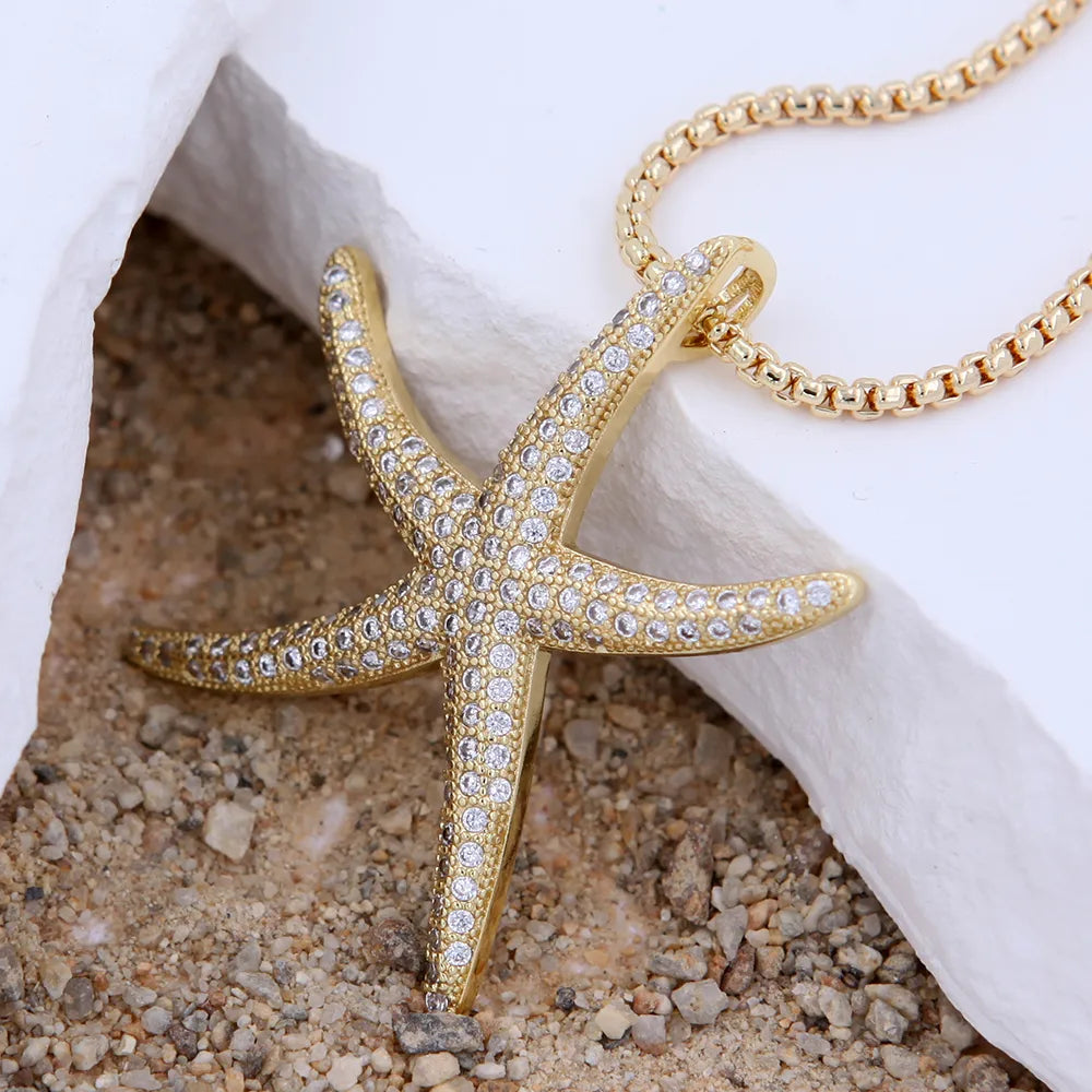 Women’s necklace brands-Copper 18K Gold Plated Inlay Starfish Zircon Pendant Necklace