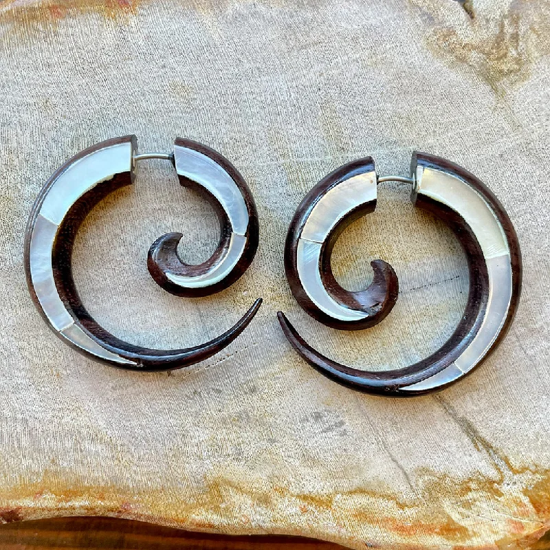 Women's wedding stud earrings-<span>EFWS-001<span>: </span></span>Shell Spirals - Wood with Shell