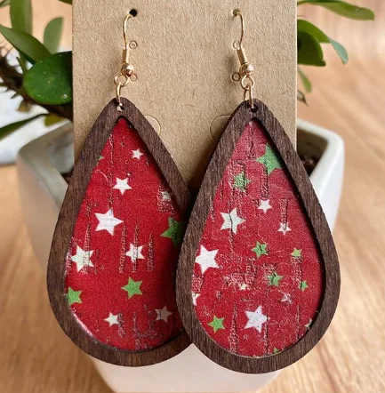 Women's designer dangle earrings-Festive Leather and Wood Christmas Earrings