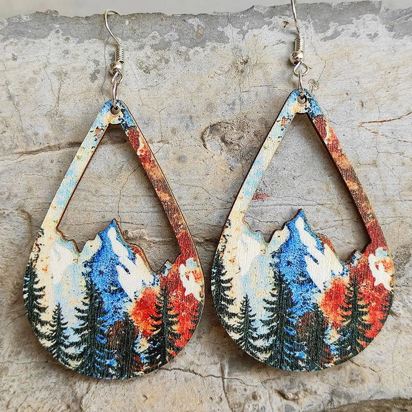 Women's charm earrings-Beautiful Wood Snowy Mountain Earrings