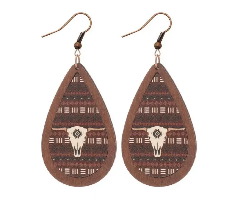 Women's anniversary earrings-Beautiful Southwest Skull Wood Earrings