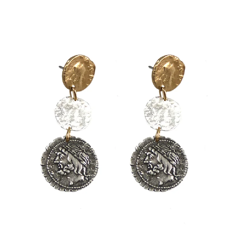 Women's oval earrings-MULTI FINISH 3 COIN DROP EARRINGS