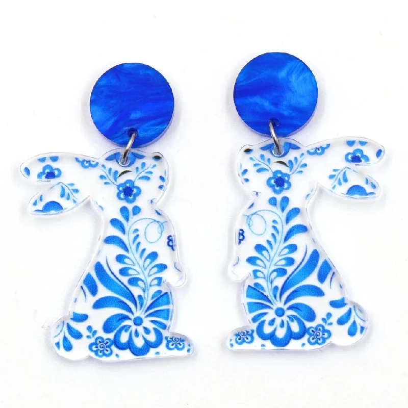 Women's heart-shaped hoop earrings-Beautiful Blue Acrylic Bunny Earrings