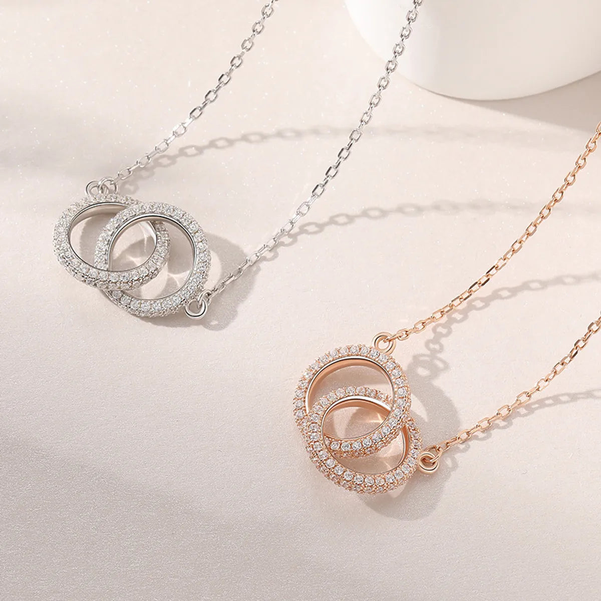 Women’s short necklace-Korean Female Design Full Diamond Double Ring Pendant S925 Silver Necklace Wholesale