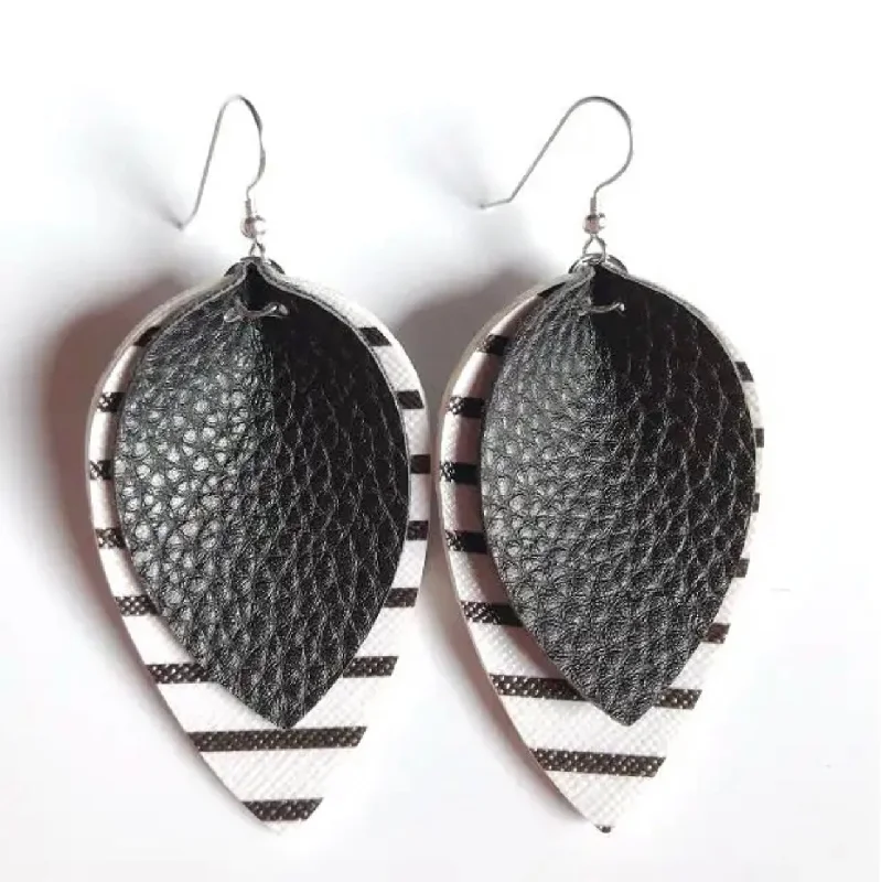 Women's pearl earrings-Black Striped Leather Drop Earrings