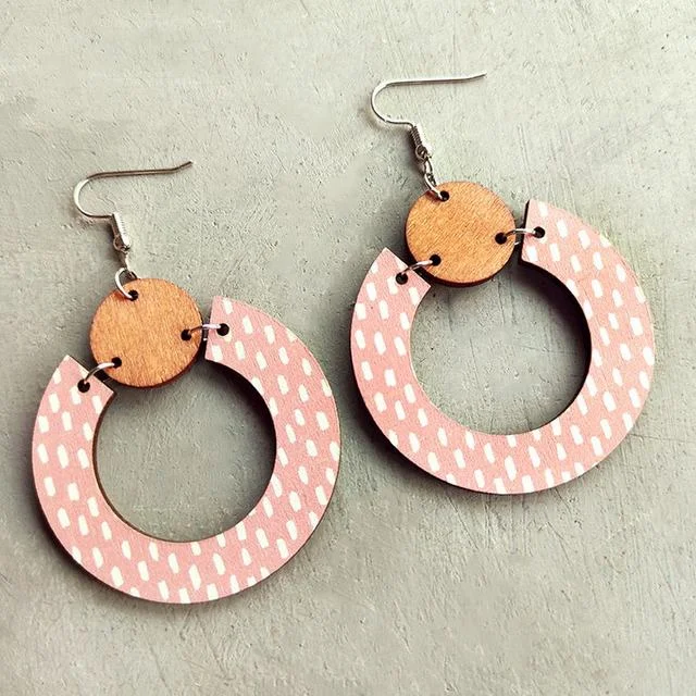 Women's designer earrings-Beautiful Pink Wood Circle Earrings