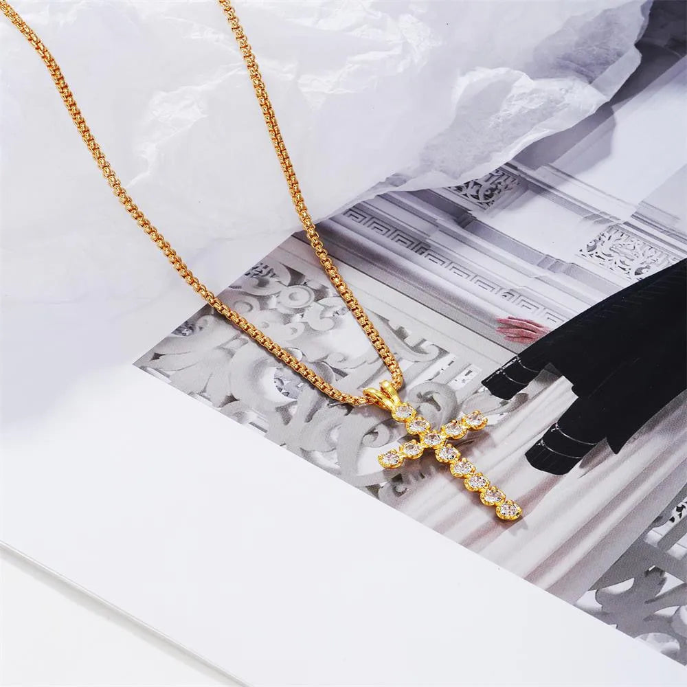 Women’s necklace collection-Elegant Luxurious Bridal Cross Copper Plating Inlay Zircon 18k Gold Plated Pendant Necklace