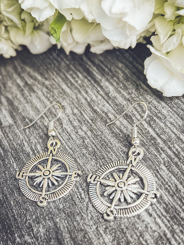 Women's adjustable earrings-Beautiful Antique Finish Compass Earrings in Gold or Silver