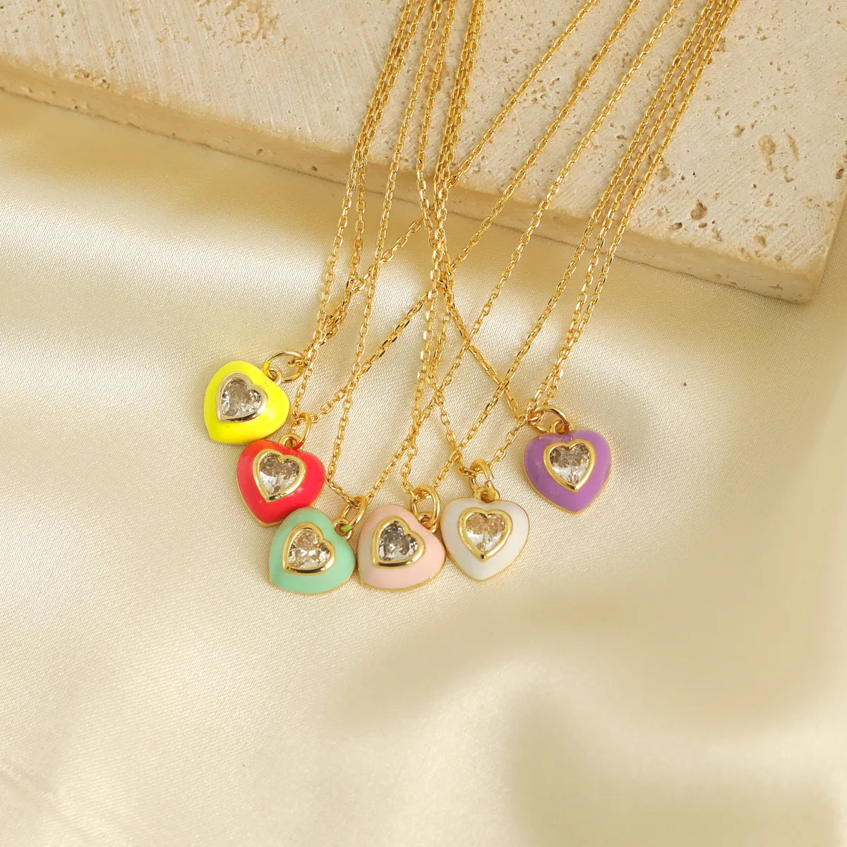 Women’s holiday gift necklace-Wholesale IG Style Y2K Vacation Heart Shape Copper Enamel Inlay 18K Gold Plated Zircon Pendant Necklace