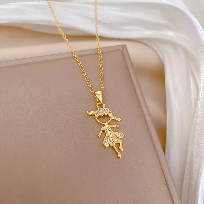 Women’s luxury pendant necklace-Titanium Steel Copper Gold Plated Cute Modern Style Classic Style Inlay Human Dancing Girl Zircon Pendant Necklace