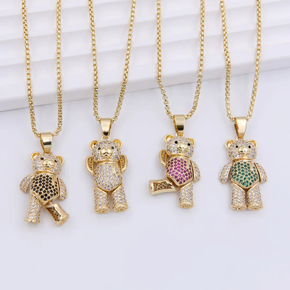 Women’s holiday necklace-Cute Little Bear Copper 18k Gold Plated Zircon Pendant Necklace In Bulk