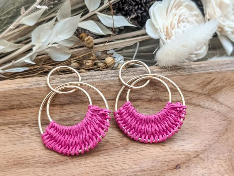 Women's eco-friendly earrings-Beautiful Pink Raffia Hoop Earrings