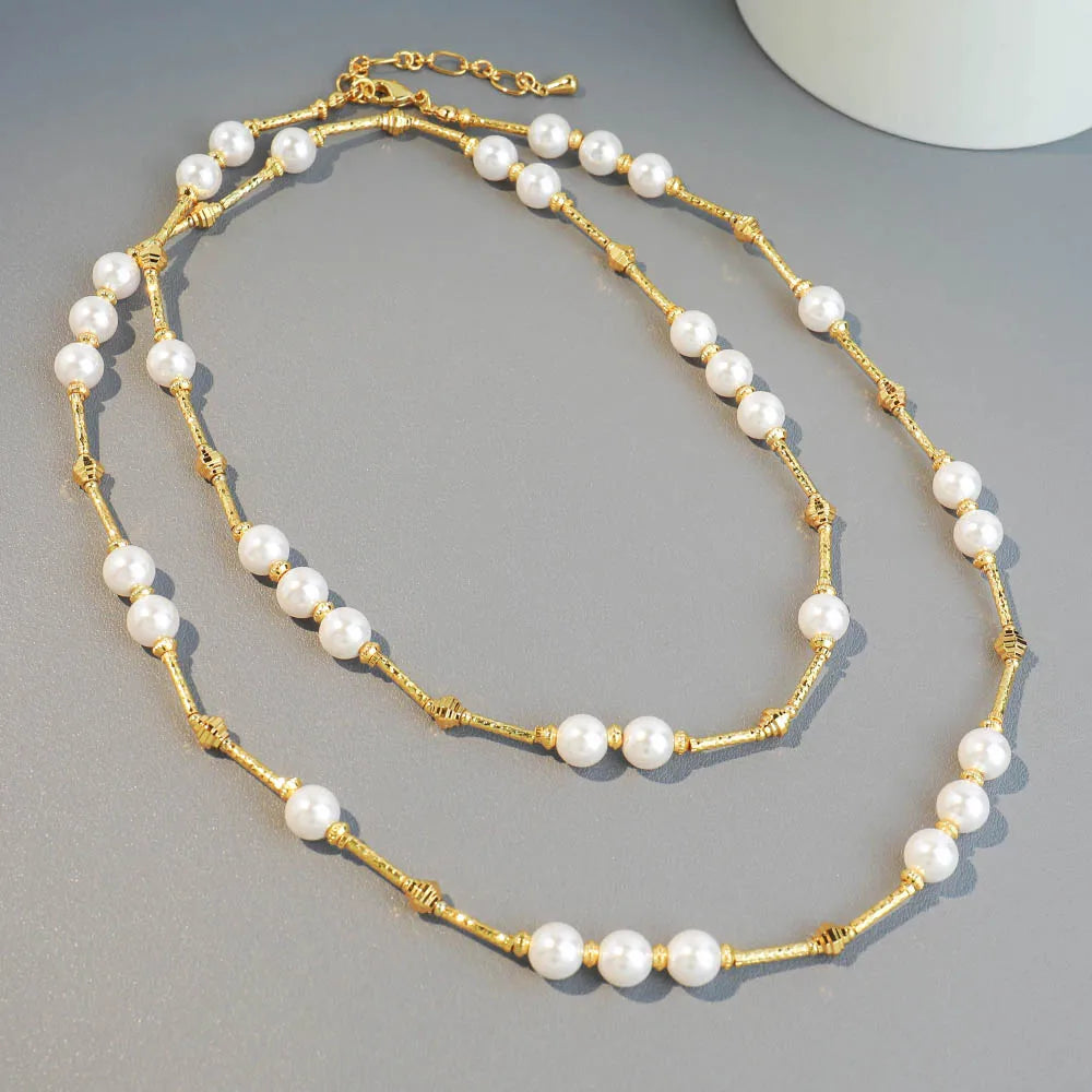 Women’s romantic gift necklace-Artificial Pearl Copper 18K Gold Plated Simple Style Classic Style Beaded Round Double Layer Necklaces