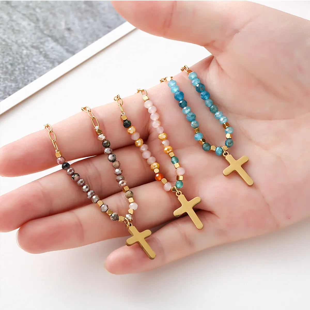 Women’s statement necklace-Ethnic Style Cross Stainless Steel Beaded Plating 14k Gold Plated Pendant Necklace