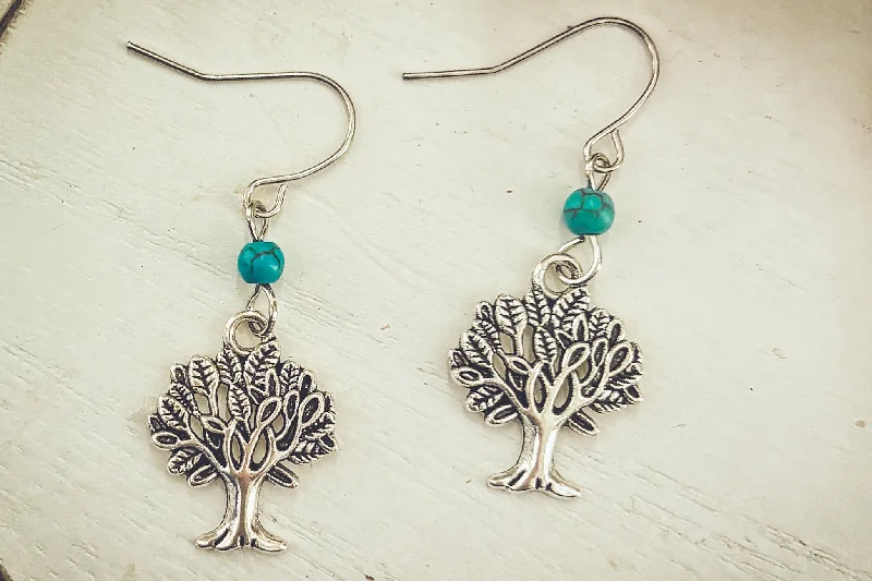 Women's luxe earrings-Beautiful Dainty Silver and Turquoise Tree Earrings