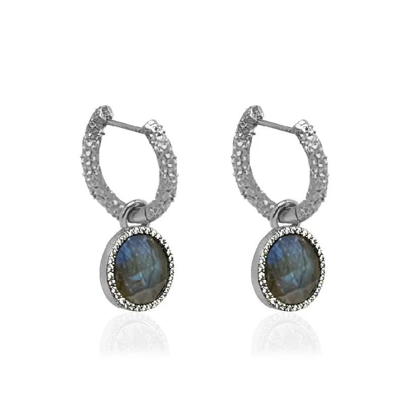 Women's wedding stud earrings-VINTAGE SILVER CRYSTAL HUGGIES WITH SLIDE ON LABRADORITE CHARMS