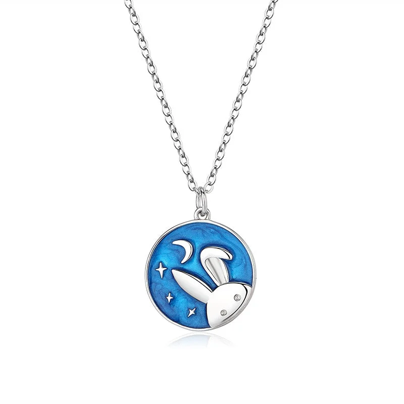 Women’s necklace designer-Cute Fashion Rabbit Star Moon Sterling Silver Epoxy Necklace