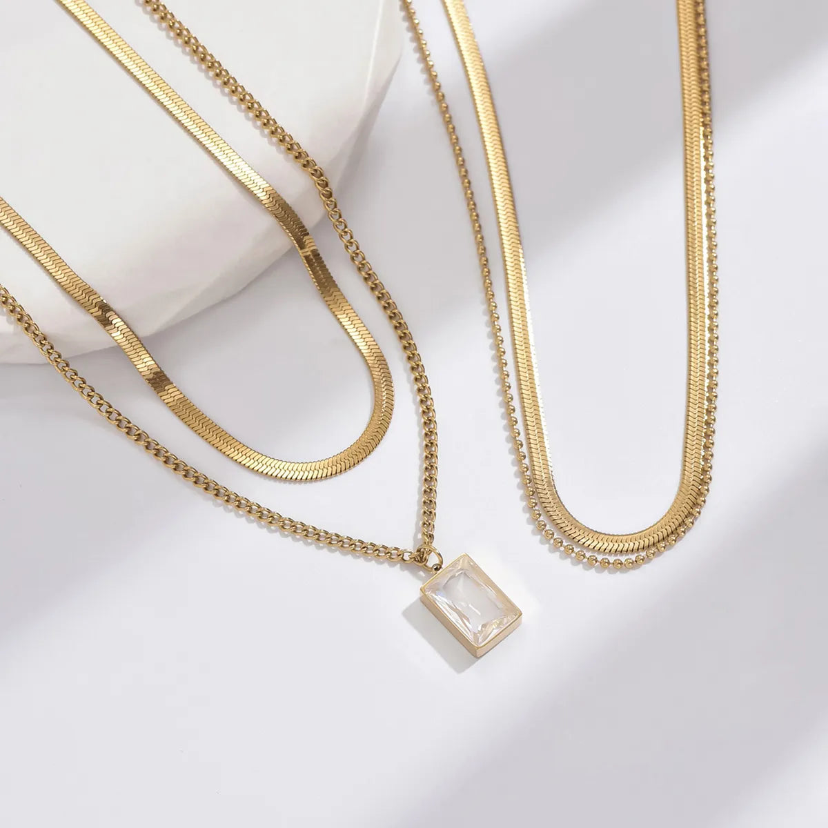 Women’s minimalist pendant necklace-Simple Style Rectangle Stainless Steel Plating Inlay Zircon 14k Gold Plated Double Layer Necklaces