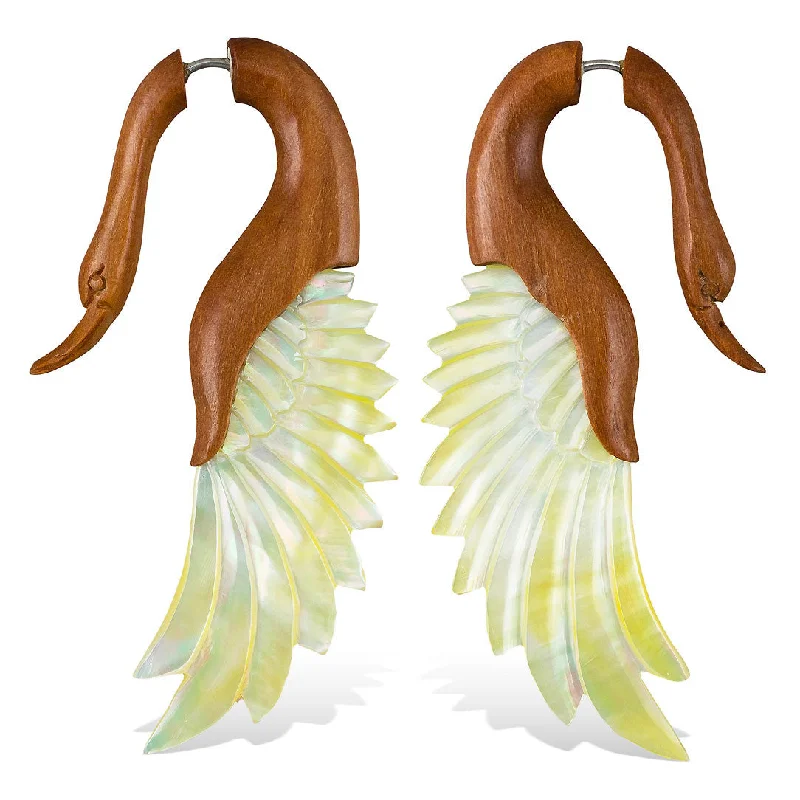 Women's gold earrings-<span>EFWS-834<span>: </span></span>Yafah Swans - Wood with Shell