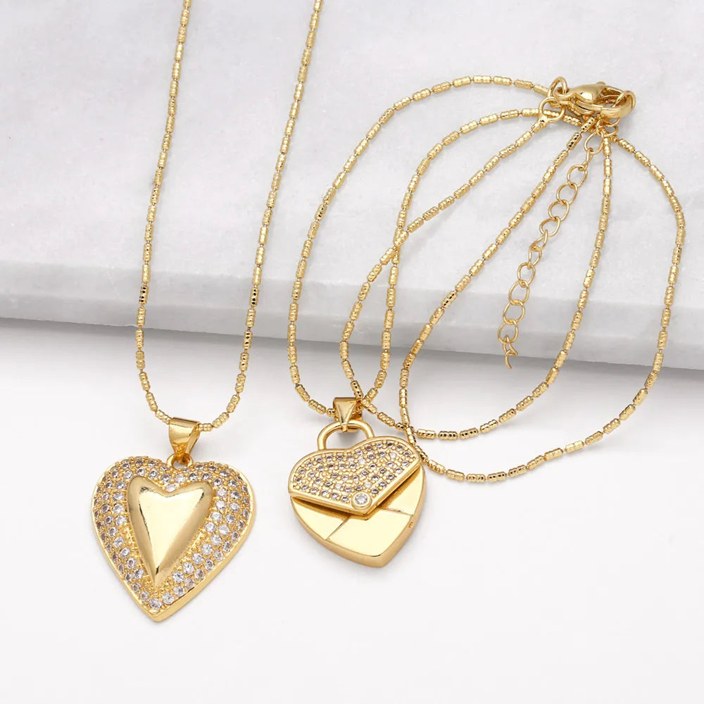 Women’s stylish pendant necklace-Copper 18K Gold Plated Modern Style Simple Style Plating Inlay Heart Shape Zircon Pendant Necklace